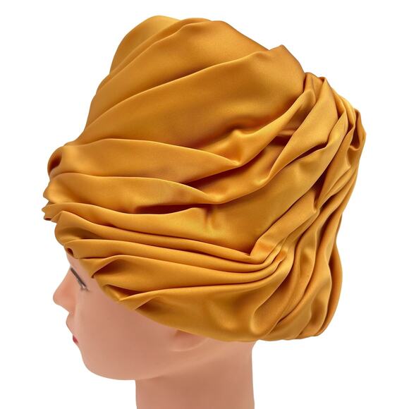 Eva Mae Modes Hat Headpiece Vtg 60s Pleated Satin Gold Box Style Formal Brooch - Picture 3 of 13